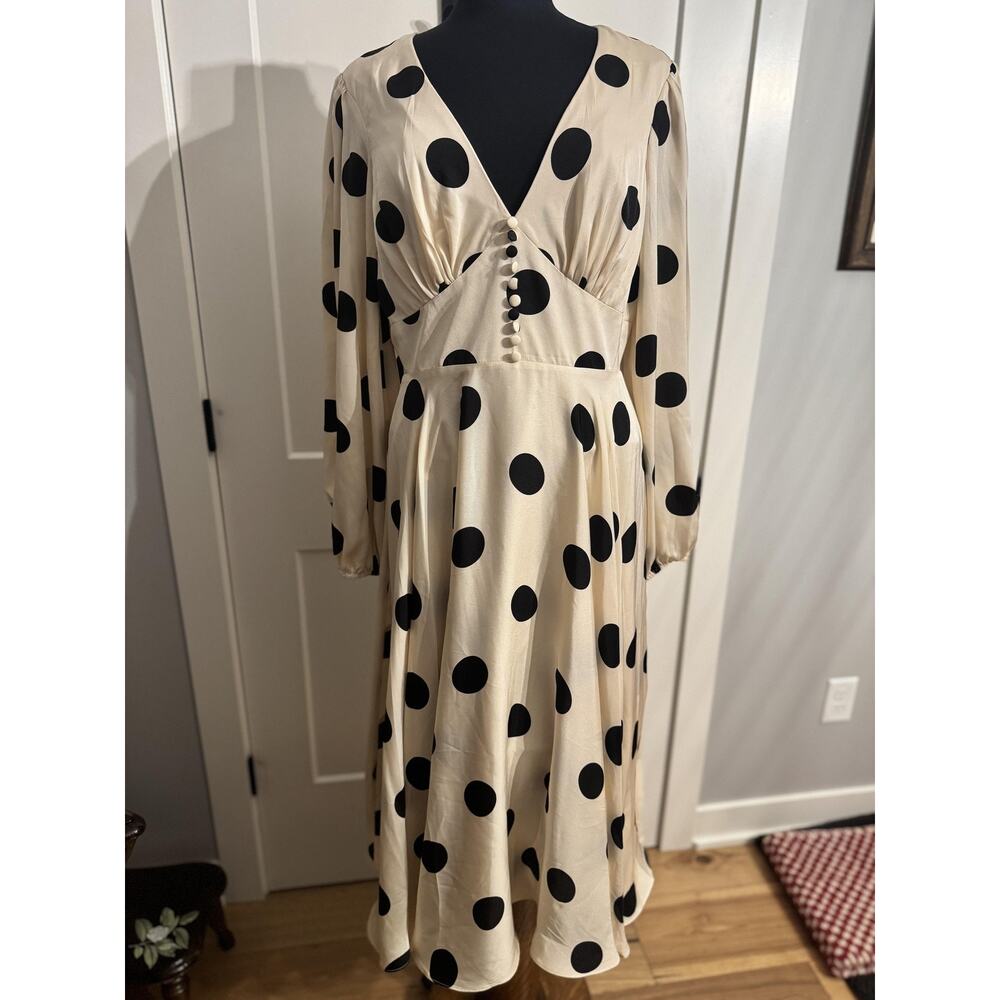 Ieena For Mac Duggal Dress 10 Beige Polka Dot Satin Midi Party Formal Wedding - Picture 1 of 9